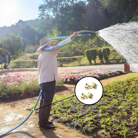 Person watering garden with hose, inset shows Brass Garden Hose Connector Repair Kit With Stainless Clamp, Two Pack, Fits Five Eighths Inch Water Hose