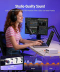 Woman using USB C Audio Interface For Recording, Streaming And Podcasting With 2 Channel XLR And Line Inputs, 24 Bit 48 KHz, 48V Phantom Power, Low Latency Sound Card For Home Studio, Silver