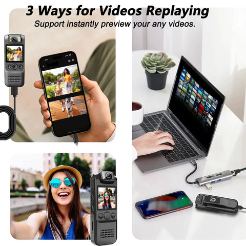 Viewing footage from 4K Ultra HD Body Camera With Audio And Video Recording, 128GB Mini Wearable Cam on phone and laptop