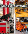 Garage scene with tools and red drawers showcasing Red Cotton Shop Towels Pack Of 150 14 By 12 Inches Reusable Cleaning Rags