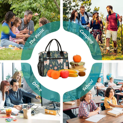 Cactus Flowers Insulated Lunch Bag With Leakproof Cooler Tote in desert design surrounded by picnic, camping, office, school scenes