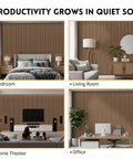 4 Pack Sleek Wood Slat Wall Panels For Modern Living Space Upgrade Featuring 3D Fluted Acoustic Soundproofing In Gorgeous Walnut Tones Quick Screw Or Glue Application For Instant Room Vibe Glow Up showcased in bedroom, living room, home theater, and office.