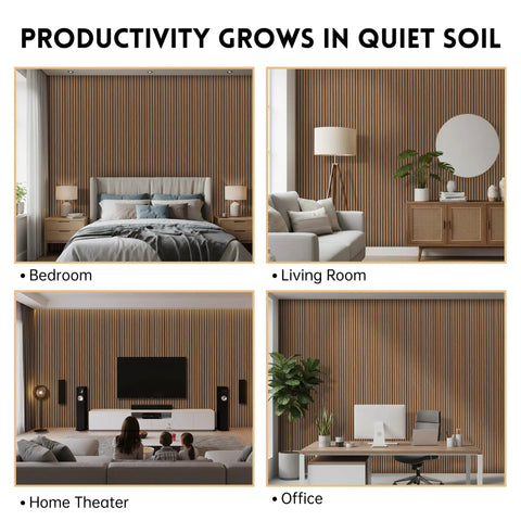 4 Pack Sleek Wood Slat Wall Panels For Modern Living Space Upgrade Featuring 3D Fluted Acoustic Soundproofing In Gorgeous Walnut Tones Quick Screw Or Glue Application For Instant Room Vibe Glow Up showcased in bedroom, living room, home theater, and office.