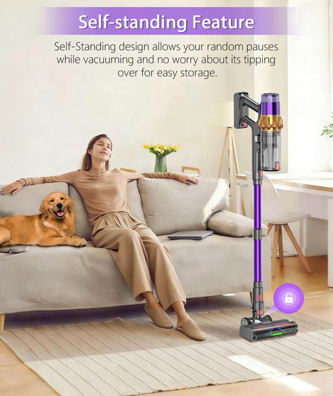 Game Changing Cordless Vacuum Cleaner With Killer Fifty Five Kpa Suction and Heavy Duty Six Hundred Watt Brushless Motor self-standing next to a woman relaxing on a couch.