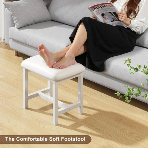 White Vanity Stool With Leather Cushioned Seat Small Vanity Chair in living room used as footrest