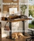 Premium Electric Standing Desk With Drawers And Monitor Shelf Adjustable Height Sit Stand Workstation Ergonomic Home Office Table Brown Finish showing quiet workspace with pets.