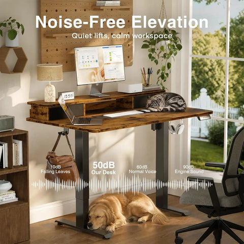Premium Electric Standing Desk With Drawers And Monitor Shelf Adjustable Height Sit Stand Workstation Ergonomic Home Office Table Brown Finish showing quiet workspace with pets.