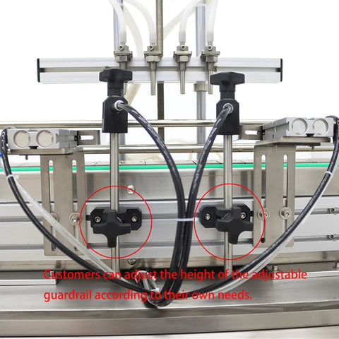 Plug And Play Automatic Liquid Filling Machine With Magnetic Pump and Four Stainless Nozzles, height-adjustable guardrail detail.