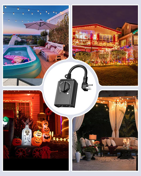 No Fuss Outdoor Light Timer With Dusk To Dawn Sensor And Weatherproof Dual Grounded Outlets in various holiday settings.