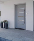 Modern entryway with lighted doorbell button in satin nickel finish, easy surface mount, 2.5 inch round metal housing