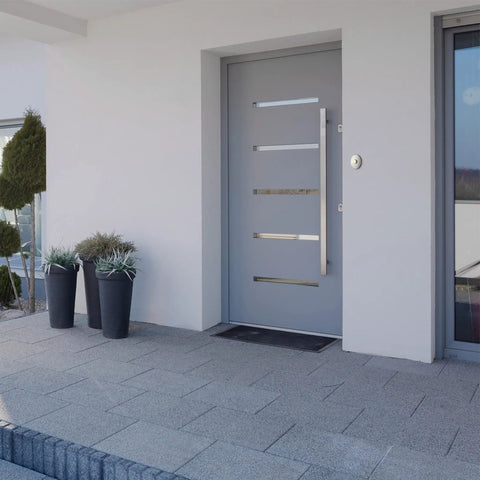 Modern entryway with lighted doorbell button in satin nickel finish, easy surface mount, 2.5 inch round metal housing