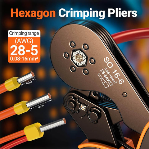 All In One Ferrule Crimping Tool Kit With Self Adjusting Ratchet For AWG 28 To 5 Ferrules And 1275 Pieces Hexagonal Double And Single Wire Connectors In A Heavy Duty Portable Carry Case close-up view showing crimping range and hexagonal head