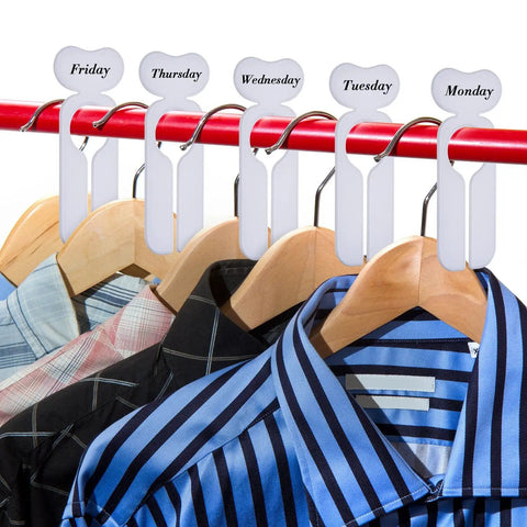 20 Pack Closet Dividers For Hanging Clothes With Marker Pen organization labels for home or retail closet shown on hangers.