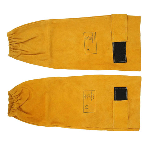 Heavy Duty Cowhide Welding Sleeves Pair Self Adhesive Arm Guards Golden Yellow for auto repair, featuring durable spark shield.