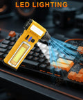 Turbo Charged No Fuss 130000 RPM Electric Air Duster with Light cleaning a keyboard, highlighting LED feature and airflow.