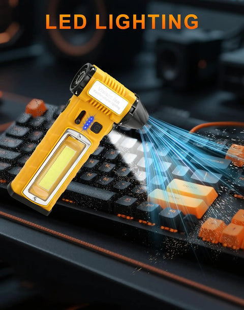 Turbo Charged No Fuss 130000 RPM Electric Air Duster with Light cleaning a keyboard, highlighting LED feature and airflow.