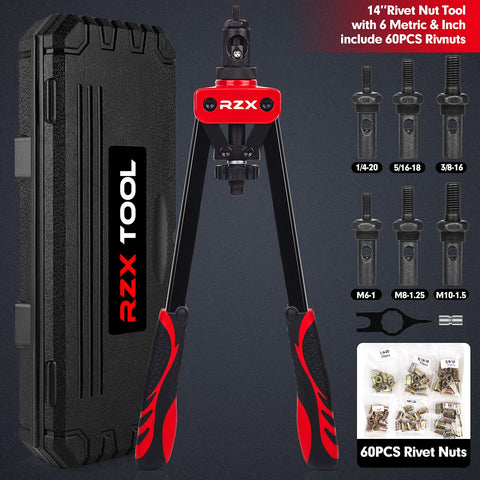 14 Inch Hand Rivet Nut Tool Set With 7 Interchangeable Mandrels For M6 M8 M10 And SAE 1/4-20 5/16-18 3/8-16 Includes 60 Rivnuts