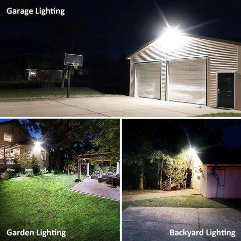 Outdoor garden and garage at night illuminated by 60W LED Flood Light With Knuckle Mount For Outdoor Security, Dusk To Dawn Photocell