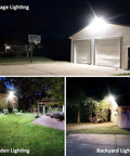 Beefy 60W LED Knuckle Mount Outdoor Flood Light illuminating garage, garden, and backyard at night with bright daylight white