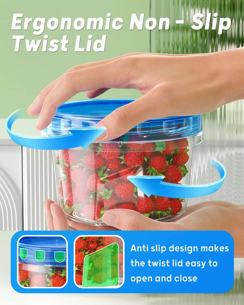 Person twisting lid on Six Pack 17 Oz Freezer Storage Containers With Twist Top Lids BPA Free Reusable Plastic Food Storage