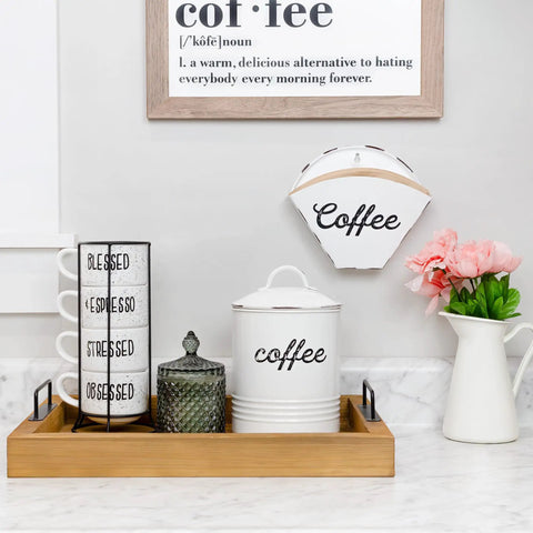 Enamelware Coffee Filter Holder Wall Mount Cone Shaped White Vintage Farmhouse Style Filter Storage Container With Distressed White Finish And Black Lettering For Classic Kitchen Organization