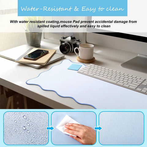 Scalloped Desk Pad With Edge Stitching Large Nonslip Waterproof Table Mat Blue 31.5 x 15.8 Inches Aesthetic Preppy Desk Accessory