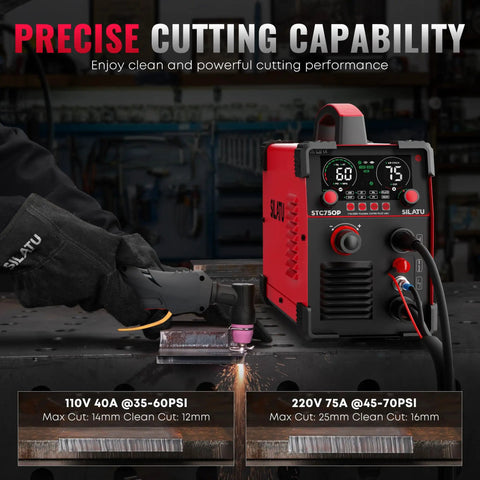 Plasma Cutter STC750P 75 Amp HF Non Touch Pilot Arc Dual Voltage 110 220V With LED Display, shown cutting metal on workbench.