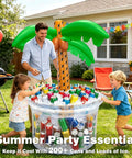 Man and children enjoying a Giant Inflatable Palm Tree Cooler For Pool Parties Holds 34 Gallons 200 Plus Cans Keeps Drinks Cold.