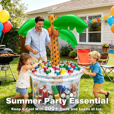 Man and children enjoying a Giant Inflatable Palm Tree Cooler For Pool Parties Holds 34 Gallons 200 Plus Cans Keeps Drinks Cold.