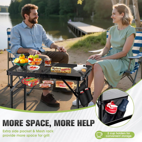 Upgraded Folding Grill Table For Outdoor BBQs Metal Portable Camping Table With Three Height Settings in outdoor use by a lake