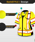 Women's Hi-Vis Class 3 Safety Vest In Bright Yellow With Relaxed Fit And Five Sturdy Cargo Pockets Built Different For The Daily Grind With Reflective Tape And No Hassle Hook And Loop Closures For Top Shelf Jobsite Gear, featuring breathable polyester fabric and black mesh side panels.