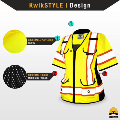 Women's Hi-Vis Class 3 Safety Vest In Bright Yellow With Relaxed Fit And Five Sturdy Cargo Pockets Built Different For The Daily Grind With Reflective Tape And No Hassle Hook And Loop Closures For Top Shelf Jobsite Gear, featuring breathable polyester fabric and black mesh side panels.