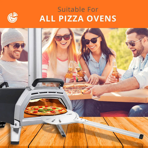 8 Inch Pizza Turning Peel With Long Handle Spinner, Perforated Aluminum Pizza Peel for Easy Oven Rotation next to pizza oven.