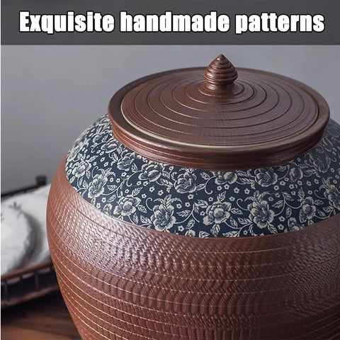 Level Up Your Pantry Setup With This Handmade Ceramic Food Storage Jar Featuring An Airtight Lid To Keep Flour Sugar Coffee Beans And Candy Fresh As New While Dropping Some Serious Cozy Vibe On Your Kitchen Counter. Close-up of a ceramic jar with floral patterns and a snug lid.