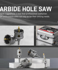 18 Piece Carbide Hole Saw Kit For Metal From Half Inch To Two And One Eighth Inch with case and drill bits on display