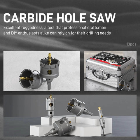 18 Piece Carbide Hole Saw Kit For Metal From Half Inch To Two And One Eighth Inch with case and drill bits on display