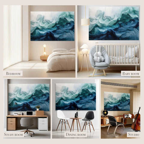 Premium Acoustic Wall Panels Amp Up Your Room Tone with Dazzling Aqua Dreams Artistry Made from Heavy Duty Polyester Fiber in bedroom, baby room, study and dining room.