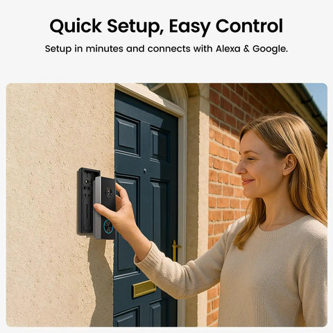 Woman installing Wireless Doorbell Camera With 2K Video Battery Powered Doorbell Cam 166 Degree Wide View Local Or Cloud Storage 2 4 GHz WiFi 180 Day Battery Life AI Detection Works With Alexa And Google Assistant