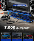 Beefy 7000-Lb Portable Car Lift With Auto Lock, Four-Post Heavy-Duty Design, illustration with vehicles in garage setting.