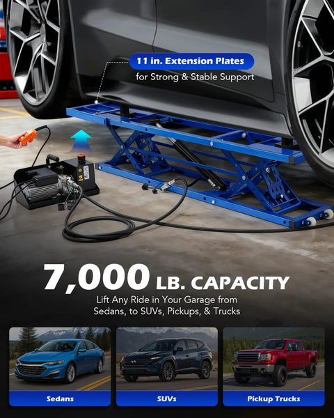 Beefy 7000-Lb Portable Car Lift With Auto Lock, Four-Post Heavy-Duty Design, illustration with vehicles in garage setting.