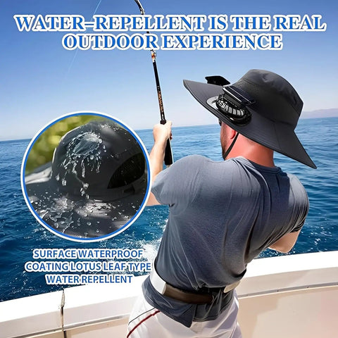 Wide Brim Solar Fan Hat With Built-In Cooling, UPF Fifty Plus Sun Protection, Bucket Style for Men and Women, fishing