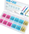 Front view of TICONN 100pcs heat-shrink butt wire connectors kit in a case with pink/blue/yellow insulated connectors.