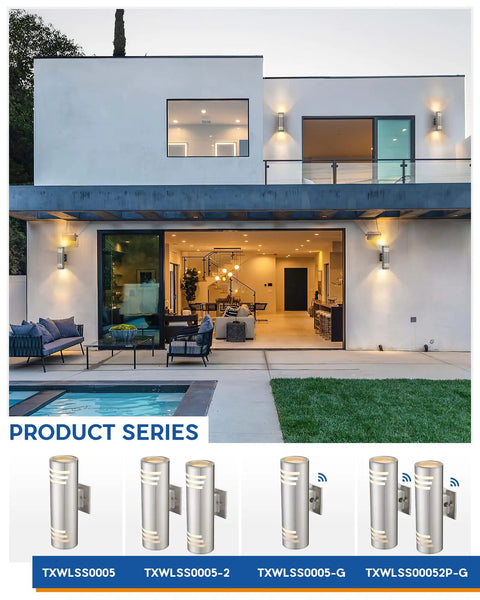 Two Pack Dope Outdoor Wall Light Up Down Modern Sconce With Stainless Steel Cylinder In Brushed Nickel Exterior Lighting Fixtures IP65 Waterproof Patio Porch on modern house wall