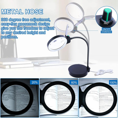Top Notch LED Magnifier With Light And Stand, 10X And 20X HD Lenses, stepless dimming, adjustable gooseneck, reading lamp