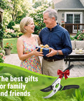 Couple exchanging a gift box outdoors with image of Bypass Pruning Shears 8.5 Inch With Non Slip Grip Handle, Pro Grade Garden Clippers overlayed.