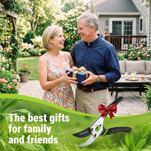 Couple exchanging a gift box outdoors with image of Bypass Pruning Shears 8.5 Inch With Non Slip Grip Handle, Pro Grade Garden Clippers overlayed.