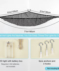 Cozy Plush Toy Hammock With LED Light Kid Friendly Net Storage Organizer showing dimensions, battery box, and hooks.