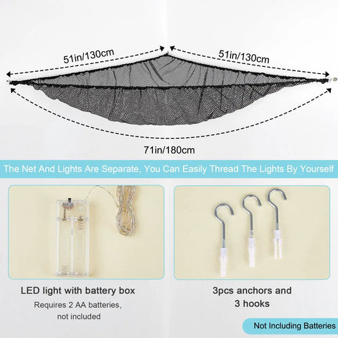 Cozy Plush Toy Hammock With LED Light Kid Friendly Net Storage Organizer showing dimensions, battery box, and hooks.