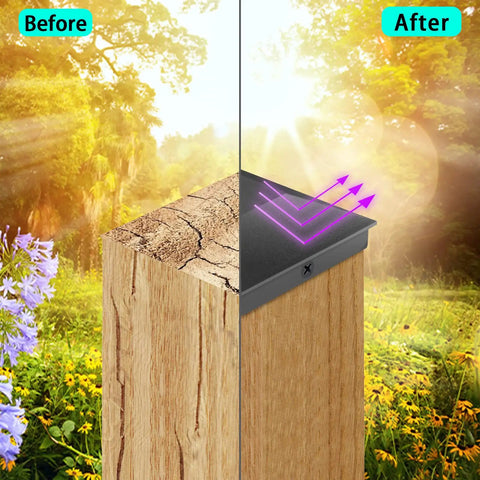 Comparison of wood fence post before and after using 4x4 Wood Fence Post Cap 3.5x3.5 Inches Black, PP Plastic Waterproof UV Proof cap