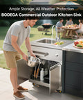 Stainless Steel Outdoor Kitchen Sink With Faucet Kit Hose Hookups Single Bowl Storage Brakes On Wheels Spice Rack All Weather Use Built To Last For RV Yard Garage Restaurants in use on a patio with open cabinet showcasing storage.